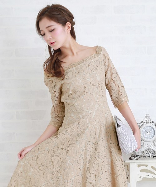 Lace Ladies(レースレディース)の「総レースオフショルダーミモレ丈フレアドレス・ワンピース(ドレス・レディース・ベージュ/ブラック/グリーン/ネイビー・M/S/L/XL)」の19枚目の写真