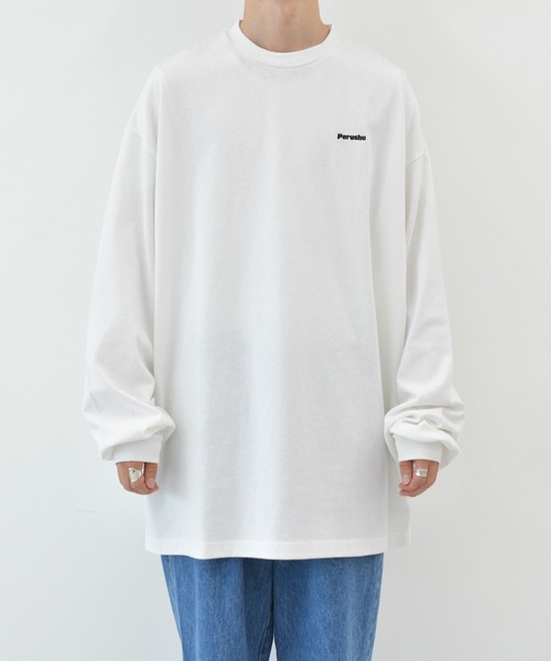 Perushu（ペルーシュ）の「ロゴ刺繍ビッグロンT（Tシャツ/カットソー・メンズ・パープル/グリーン/ライトグレー/ライトブルー/ホワイト・LARGE/SMALL/MEDIUM）」の2枚目の写真