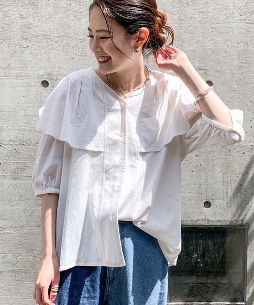 CIAOPANIC TYPY（チャオパニックティピー）の「リネンレーヨンタック衿ブラウス（シャツ/ブラウス・レディース・ホワイト/ブラック/グレイッシュベージュ・ONE SIZE）」の2枚目の写真