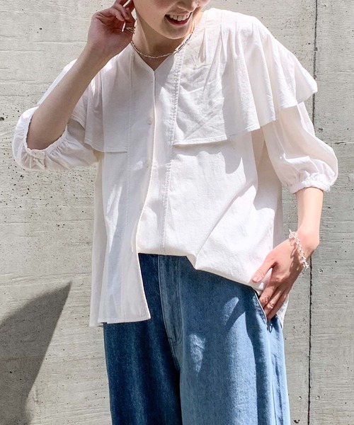 CIAOPANIC TYPY（チャオパニックティピー）の「リネンレーヨンタック衿ブラウス（シャツ/ブラウス・レディース・ホワイト/ブラック/グレイッシュベージュ・ONE SIZE）」の4枚目の写真