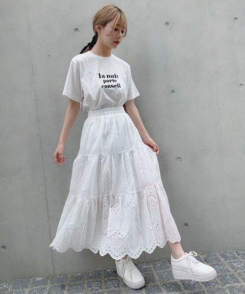 Voyage titty&Co.PETIT（ボヤージュティティアンドコープチ）の「【Voyage titty&Co.】レース切替えミディスカート（スカート・レディース・ブラック/オフホワイト・FREE）」の2枚目の写真