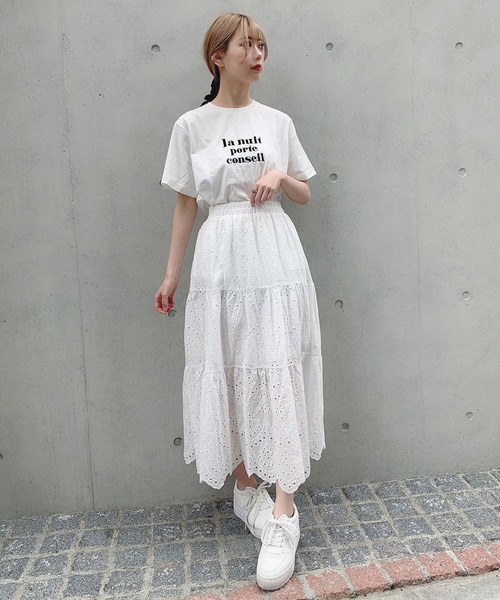 Voyage titty&Co.PETIT（ボヤージュティティアンドコープチ）の「【Voyage titty&Co.】レース切替えミディスカート（スカート・レディース・ブラック/オフホワイト・FREE）」の6枚目の写真