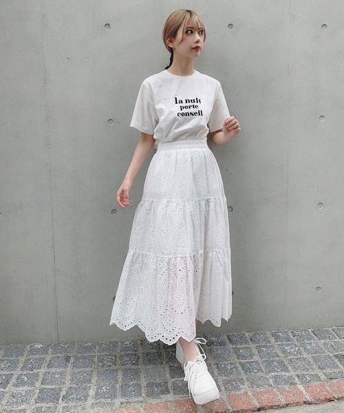 Voyage titty&Co.PETIT（ボヤージュティティアンドコープチ）の「【Voyage titty&Co.】レース切替えミディスカート（スカート・レディース・ブラック/オフホワイト・FREE）」の5枚目の写真