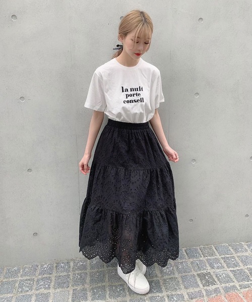Voyage titty&Co.PETIT（ボヤージュティティアンドコープチ）の「【Voyage titty&Co.】レース切替えミディスカート（スカート・レディース・ブラック/オフホワイト・FREE）」の8枚目の写真