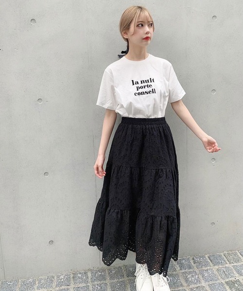 Voyage titty&Co.PETIT（ボヤージュティティアンドコープチ）の「【Voyage titty&Co.】レース切替えミディスカート（スカート・レディース・ブラック/オフホワイト・FREE）」の7枚目の写真