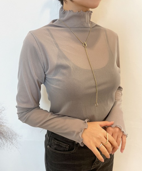 CEMONEMO(セモネモ)の「ハイネック シースルー メロー カットソー(Tシャツ/カットソー・レディース・ホワイト/ブラック/ベージュ/ブラウン/パープル/グリーン/インディゴブルー/グレー/ナチュラル/ピンク/イエロー/スカイブルー/イエロー系その他・FREE)」の4枚目の写真