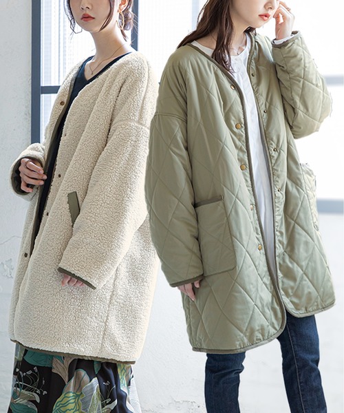 n'OrLABEL（ノアールレーベル）の「『キルト×ボアリバーシブルコート』（ノーカラーコート・レディース・アイボリー/ブラック/ブラウン/ライトカーキ・FREE）」の4枚目の写真