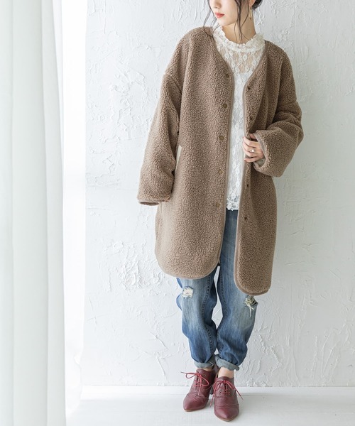 n'OrLABEL（ノアールレーベル）の「『キルト×ボアリバーシブルコート』（ノーカラーコート・レディース・アイボリー/ブラック/ブラウン/ライトカーキ・FREE）」の9枚目の写真