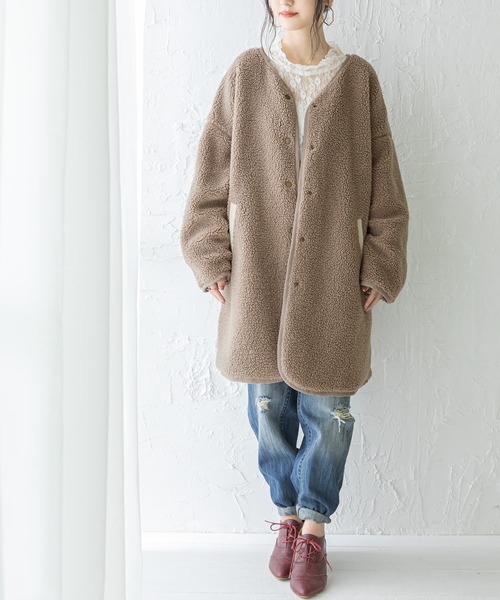 n'OrLABEL（ノアールレーベル）の「『キルト×ボアリバーシブルコート』（ノーカラーコート・レディース・アイボリー/ブラック/ブラウン/ライトカーキ・FREE）」の12枚目の写真