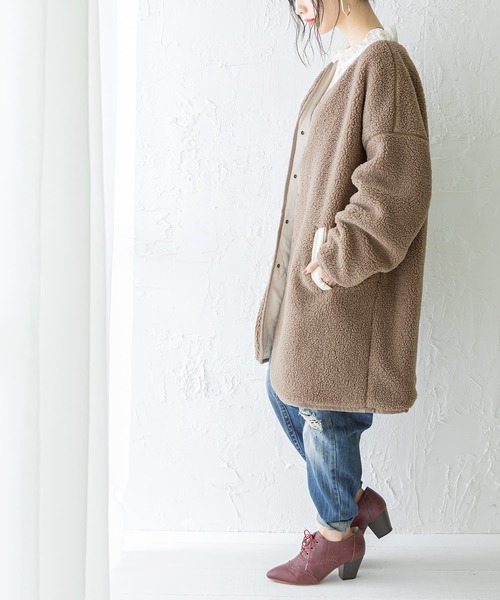 n'OrLABEL（ノアールレーベル）の「『キルト×ボアリバーシブルコート』（ノーカラーコート・レディース・アイボリー/ブラック/ブラウン/ライトカーキ・FREE）」の10枚目の写真