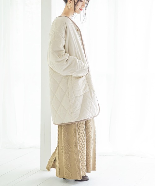 n'OrLABEL（ノアールレーベル）の「『キルト×ボアリバーシブルコート』（ノーカラーコート・レディース・アイボリー/ブラック/ブラウン/ライトカーキ・FREE）」の5枚目の写真