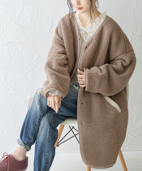 n'OrLABEL（ノアールレーベル）の「『キルト×ボアリバーシブルコート』（ノーカラーコート・レディース・アイボリー/ブラック/ブラウン/ライトカーキ・FREE）」の13枚目の写真