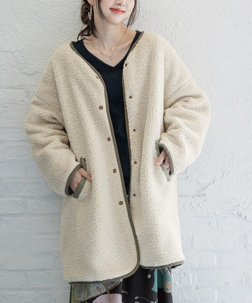 n'OrLABEL（ノアールレーベル）の「『キルト×ボアリバーシブルコート』（ノーカラーコート・レディース・アイボリー/ブラック/ブラウン/ライトカーキ・FREE）」の16枚目の写真