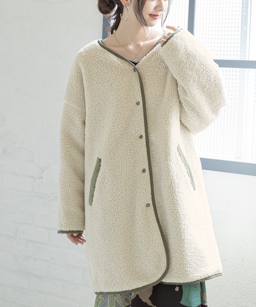 n'OrLABEL（ノアールレーベル）の「『キルト×ボアリバーシブルコート』（ノーカラーコート・レディース・アイボリー/ブラック/ブラウン/ライトカーキ・FREE）」の17枚目の写真