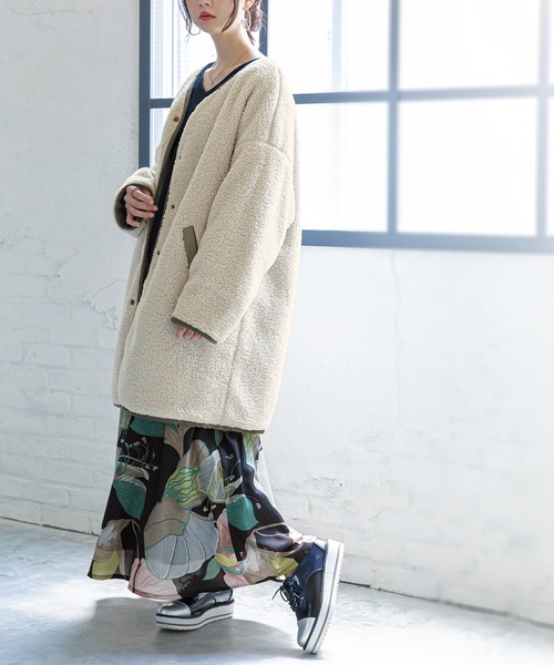 n'OrLABEL（ノアールレーベル）の「『キルト×ボアリバーシブルコート』（ノーカラーコート・レディース・アイボリー/ブラック/ブラウン/ライトカーキ・FREE）」の18枚目の写真