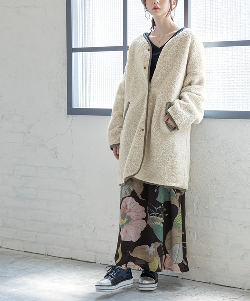 n'OrLABEL（ノアールレーベル）の「『キルト×ボアリバーシブルコート』（ノーカラーコート・レディース・アイボリー/ブラック/ブラウン/ライトカーキ・FREE）」の19枚目の写真