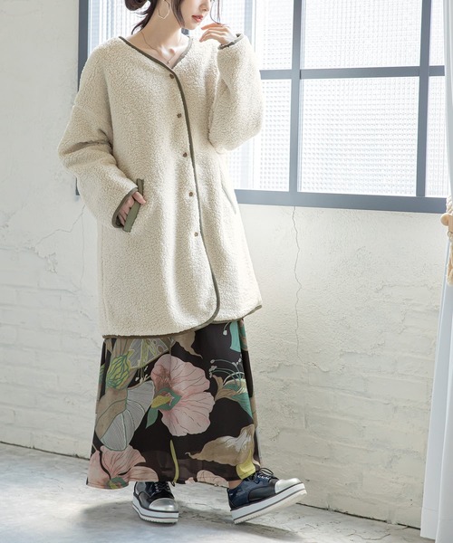 n'OrLABEL（ノアールレーベル）の「『キルト×ボアリバーシブルコート』（ノーカラーコート・レディース・アイボリー/ブラック/ブラウン/ライトカーキ・FREE）」の20枚目の写真