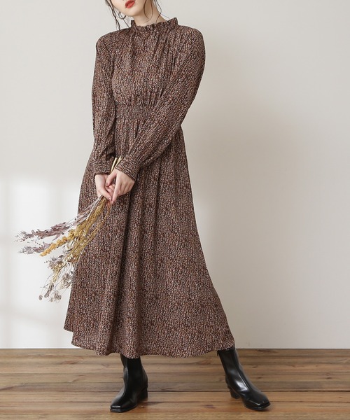 N.（N. Natural Beauty Basic）（エヌエヌナチュラルビューティーベーシック）の「【S Size Line】◆フリルネックコバナ柄ワンピース（ワンピース・レディース・ブラウン系その他/ブラック系その他/ホワイト系その他・MEDIUM/SMALL）」の3枚目の写真