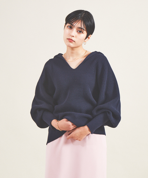 Rouge vif Anna(ルージュヴィフアンナ)の「片畦ハイバルフォルムニット(ニット/セーター・レディース・ネイビー/アイボリー/レモンイエロー・フリー)」の6枚目の写真