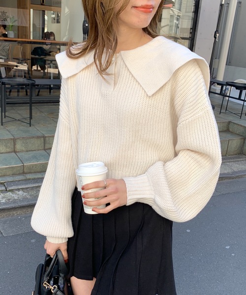 OLIVE des OLIVE（オリーブデオリーブ）の「セーラーカラーニット（ニット/セーター・レディース・ネイビー/オフホワイト/サックスブルー/アイボリー・FREE）」の2枚目の写真