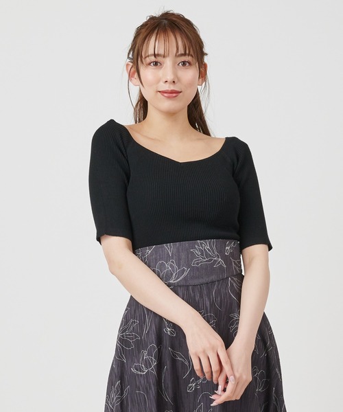 ROYAL PARTY（ロイヤルパーティー）の「【洗えるニット】オープンネック半袖ニットトップス（ニット/セーター・レディース・ブラック/ベージュ/オフホワイト/ピンク/マルチ・FREE）」の3枚目の写真
