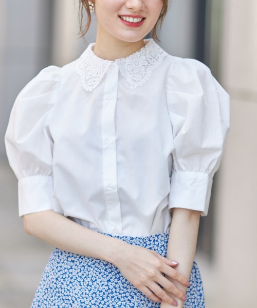 tocco closet（トッコ　クローゼット）の「【限定】フラワーレース襟付きボリュームスリーブブラウス（シャツ/ブラウス・レディース・オフホワイト/チェック・M）」の5枚目の写真