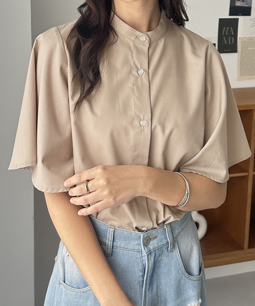 【あられ様】専用 セール】無地/ストライプ フレアー袖バンドカラーシャツブラウス