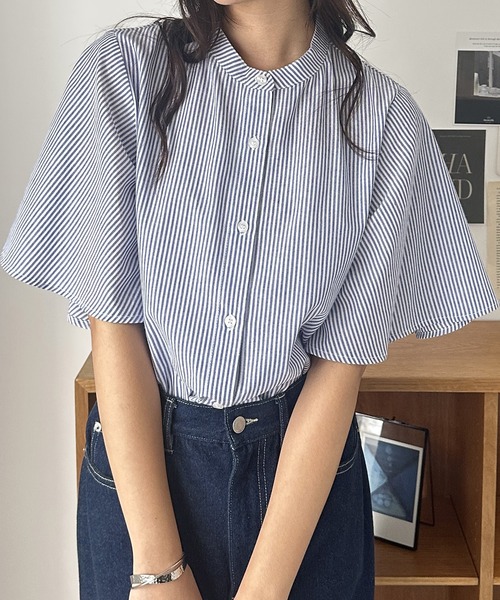 【あられ様】専用 セール】無地/ストライプ フレアー袖バンドカラーシャツブラウス