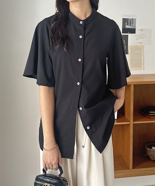 セール】無地/ストライプ フレアー袖バンドカラーシャツブラウス