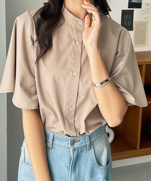 セール】無地/ストライプ フレアー袖バンドカラーシャツブラウス