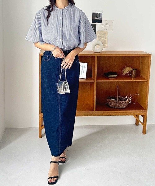 セール】無地/ストライプ フレアー袖バンドカラーシャツブラウス