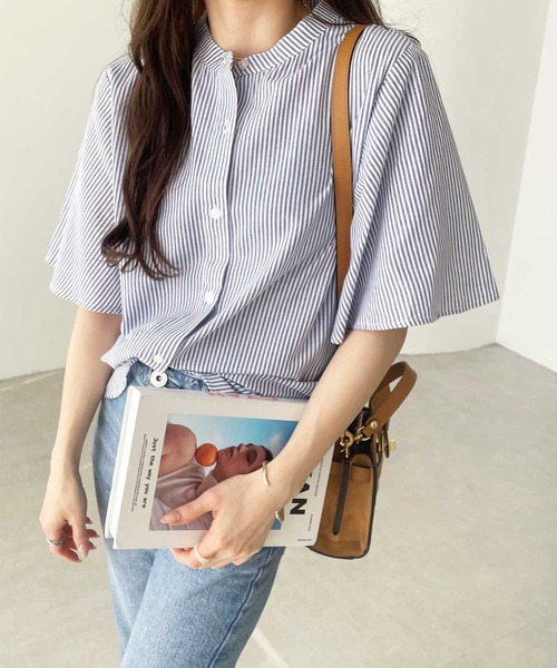 送料プラスオープン台 セール】無地/ストライプ フレアー袖バンドカラーシャツブラウス