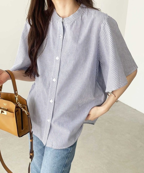 BOM　4点セット セール】無地/ストライプ フレアー袖バンドカラーシャツブラウス
