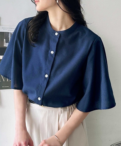 セール】無地/ストライプ フレアー袖バンドカラーシャツブラウス