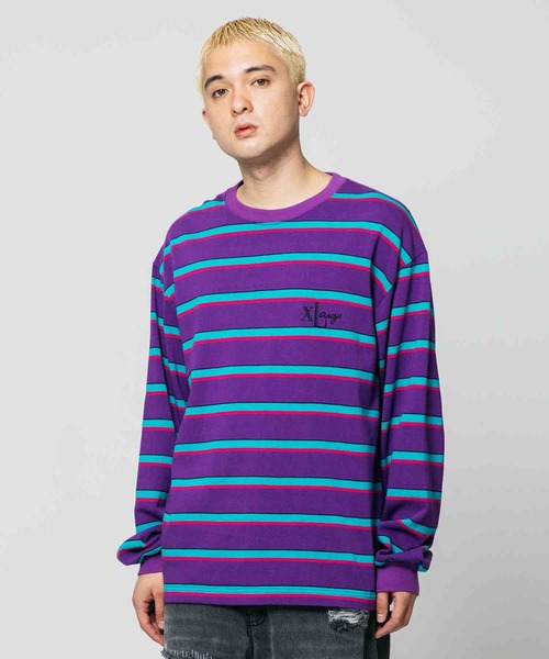 XLARGE（エクストララージ）の「EMBROIDERED STRIPED L/S TEE（Tシャツ/カットソー・メンズ・バーガンディー/ブラウン/パープル/ネイビー・L/XL/M/S）」の3枚目の写真