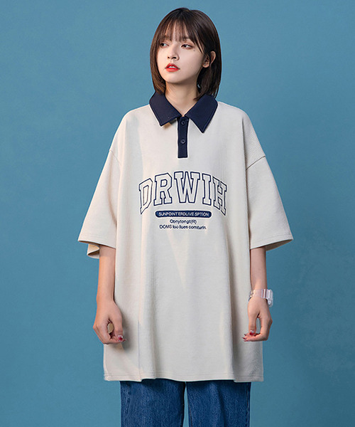 ロゴプリントポロシャツ 半袖 レディース セール】ビッグシルエット カレッジロゴ プリント オーバーサイズ 半袖