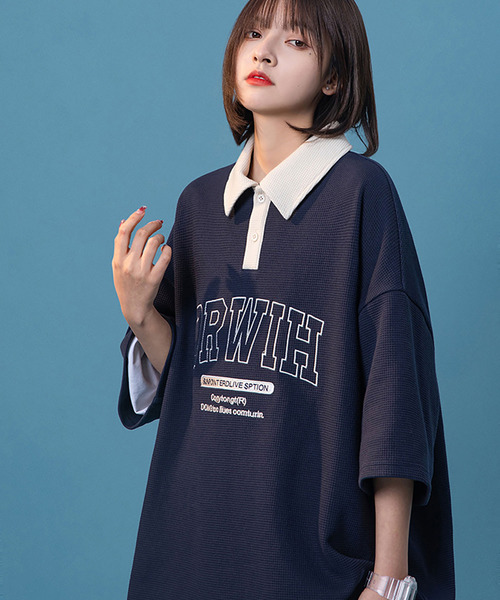 DEVICE（デバイス）の「ビッグシルエット カレッジロゴ プリント オーバーサイズ 半袖ポロシャツ（ポロシャツ・レディース・ベージュ/ネイビー/ブラウン・FREE）」の13枚目の写真