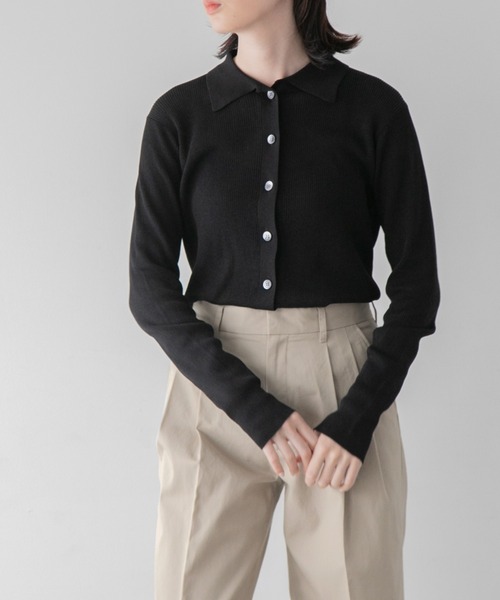 yuw（ユウ）の「リブエリツキカーディガン　294576（カーディガン/ボレロ・レディース・アイボリー/ブラック/ブラック×ホワイト/パープル・FREE）」の3枚目の写真