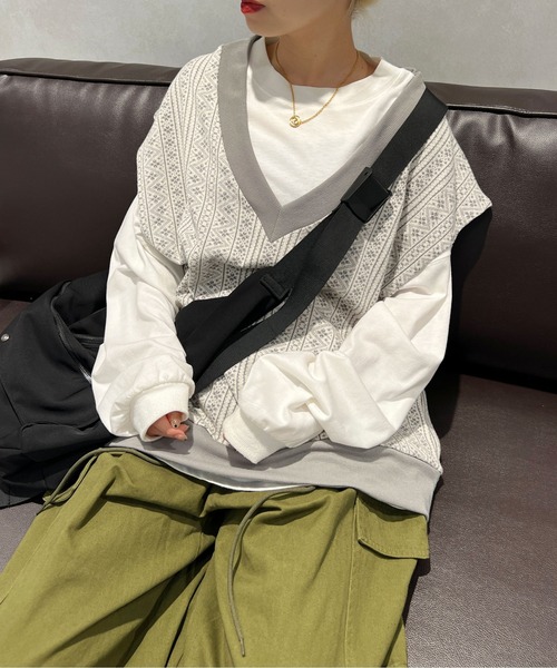 PairPair（ペアペア）の「ジャガードベスト(ユニセックス)（ベスト・レディース・ブラック/ベージュ/グレー・MEDIUM/LARGE）」の3枚目の写真