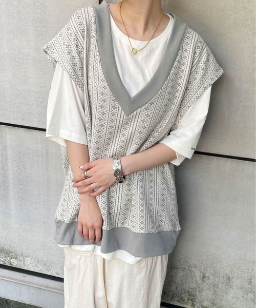 BEAUTY&YOUTH ネイティブジャガードベスト ドット ジャガード Vノーカラー ベスト