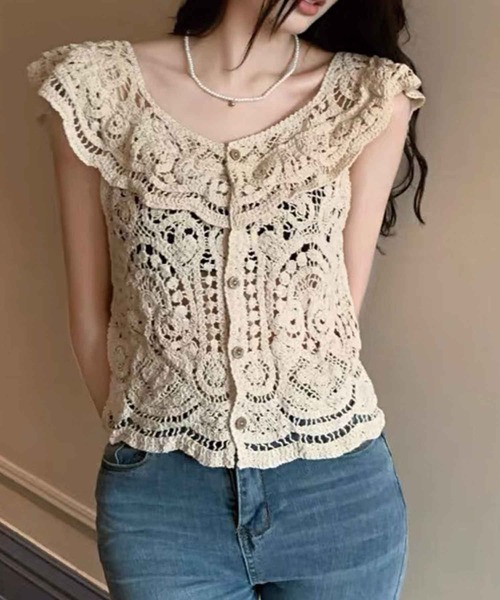 Twinkle;pm(トゥインクルピーエム)の「ノースリーブかぎ針編みブラウス(シャツ/ブラウス・レディース・ベージュ/ホワイト・FREE)」の2枚目の写真