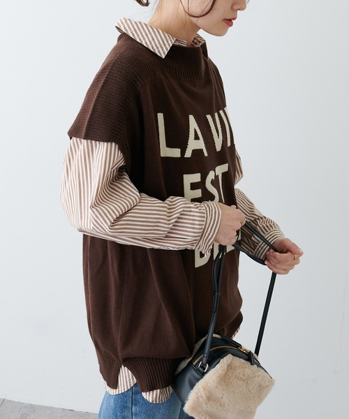 PUAL CE CIN(ピュアルセシン)の「先染ストライプシャツブラウス(シャツ/ブラウス・レディース・ベージュ/ブラウン/グリーン・FREE)」の2枚目の写真