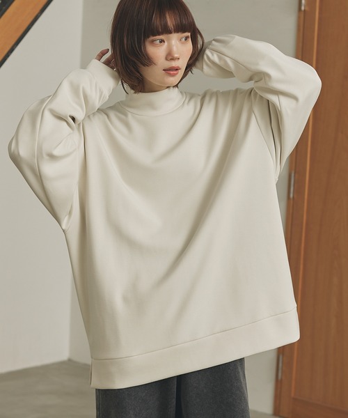 MONO-MART（モノマート）の「モックネック ルーズオーバーサイドスリット ハイポンチ ドレープL/Sカットソー（Tシャツ/カットソー・メンズ・ホワイト/ブラック/ブラウン/ブルーグリーン/グレイッシュブルー/チャコール/ライトグレー/ベージュ/ブルー/レッド/ミント/パープル/グリーン/ダークブラウン/ブルー系・M/L）」の19枚目の写真