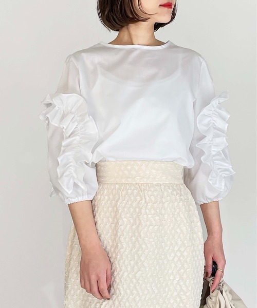 BE NEAT（ビーニート）の「【日本製】袖フリルブラウス（シャツ/ブラウス・レディース・ホワイト/ブラック・M）」の3枚目の写真