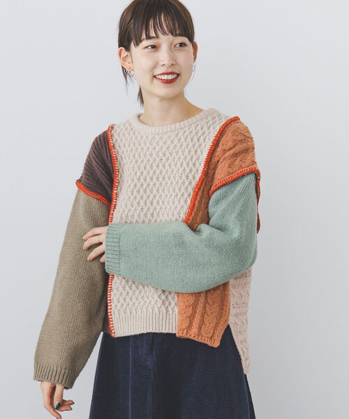 BEAMS HEART（ビームスハート）の「BEAMS HEART / パッチワーク 配色ニット（ニット/セーター・レディース・グレー/ベージュ/ホワイト系その他5・FREE）」の19枚目の写真