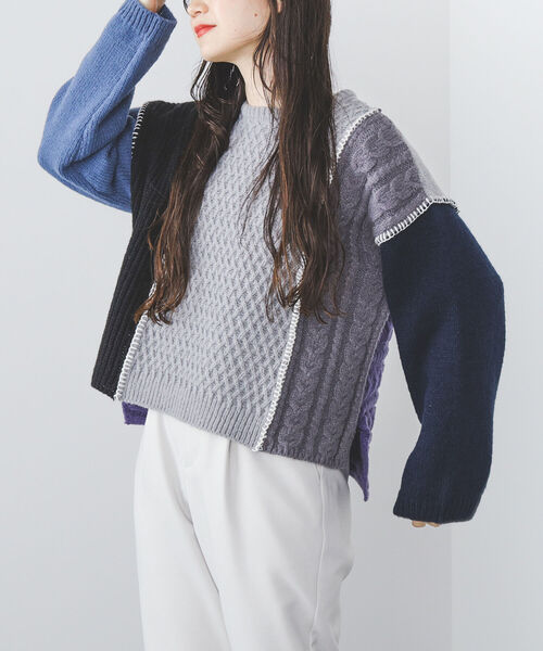 BEAMS HEART（ビームスハート）の「BEAMS HEART / パッチワーク 配色ニット（ニット/セーター・レディース・グレー/ベージュ/ホワイト系その他5・FREE）」の15枚目の写真