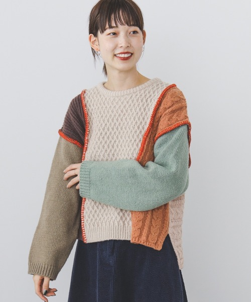 BEAMS HEART（ビームスハート）の「BEAMS HEART / パッチワーク 配色ニット（ニット/セーター・レディース・グレー/ベージュ/ホワイト系その他5・FREE）」の3枚目の写真