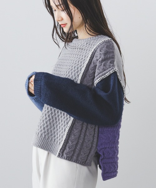 BEAMS HEART（ビームスハート）の「BEAMS HEART / パッチワーク 配色ニット（ニット/セーター・レディース・グレー/ベージュ/ホワイト系その他5・FREE）」の2枚目の写真