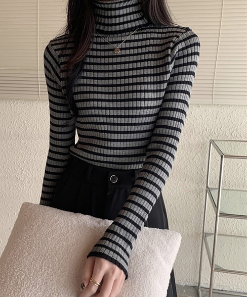 セール】リブニット ボーダー タートルネック（ニット/セーター