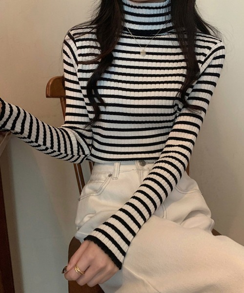shopnikoniko(ショップニコニコ)の「リブニット ボーダー タートルネック(ニット/セーター・レディース・ブラック/グリーン/ベージュ/グレー・フリー)」の9枚目の写真